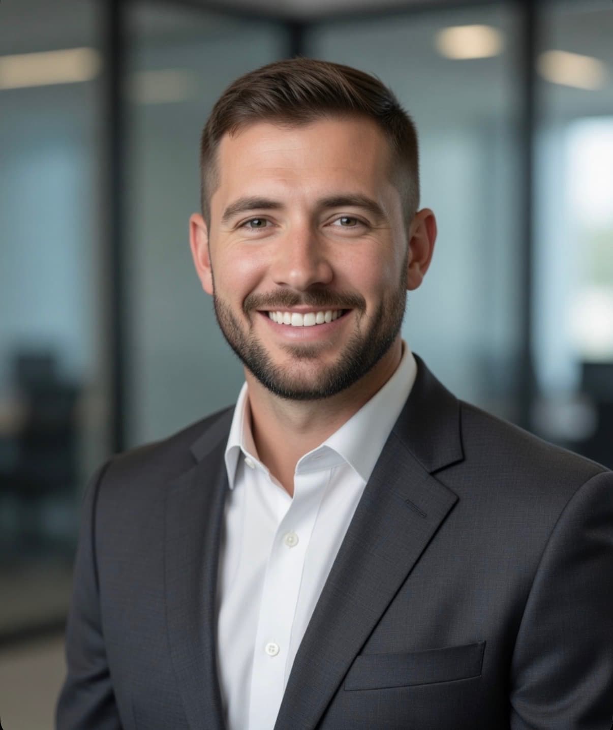 Professional headshot of Kell Kiker, owner of Kiker Construction, in a dark suit and white shirt