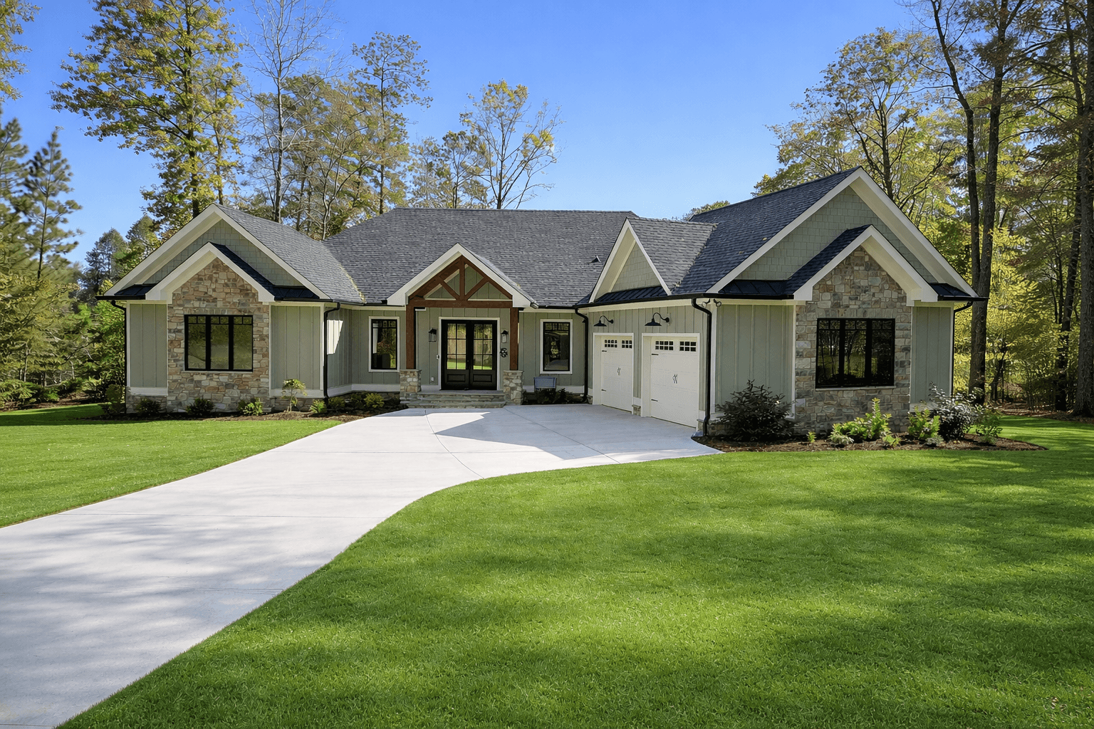 Custom home with blue exterior and green landscape, North Georgia